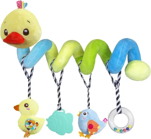 Caterbee Juguetes de asiento de coche para bebé, juguetes colgantes en espiral de actividad, juguetes de cuna de felpa con chirriante para niño o