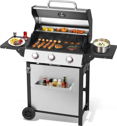 Miniatura 9 de Parrilla de gas propano con mesas laterales plegables, parrilla de gas de 3 quemadores con rejillas de hierro fundido y parrilla de acero