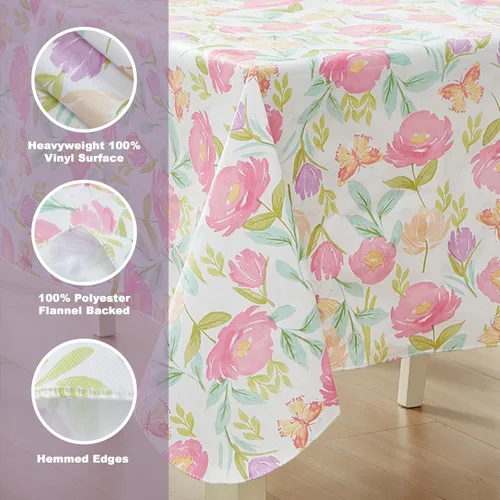 Miniatura 4 de Newbridge Butterfly Field - Mantel de vinilo floral con parte trasera de franela, 52 x 52 pulgadas, cuadrado, flores pastel y mariposas con parte