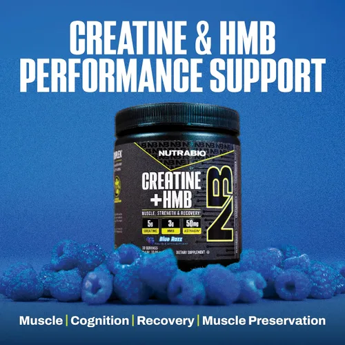 Miniatura 7 de NutraBio Creatina + HMB - Monohidrato de creatina con HMB en polvo para el crecimiento muscular, mayor fuerza - 30 porciones (Blue Razz)