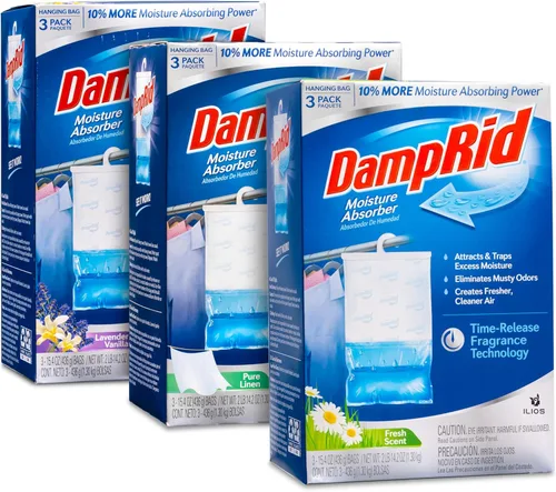 Damp Rid - Bolsa colgante absorbente de humedad, 3 paquetes de 3 a 15.4 onzas (lino puro, lavanda y vainilla, aroma fresco), desodorante para