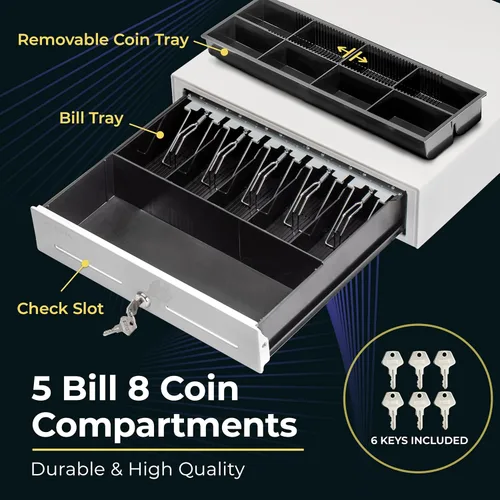 Miniatura 3 de Volcora Cajón manual para caja registradora de 16" para sistema de punto de venta (POS), cajón blanco resistente parcialmente extraíble con 5