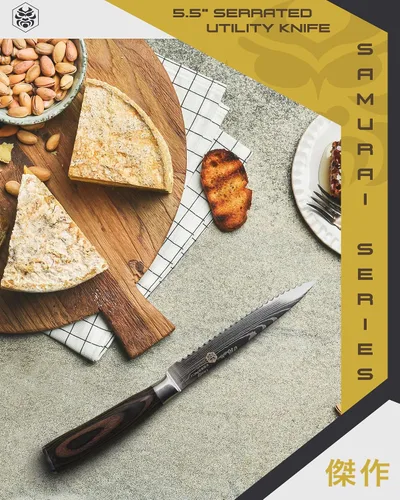 Miniatura 7 de KESSAKU Cuchillo multiusos dentado de 5.5 pulgadas - Serie Samurai - Cuchillo de cocina afilado - Acero inoxidable de alto carbono forjado 7Cr17MoV