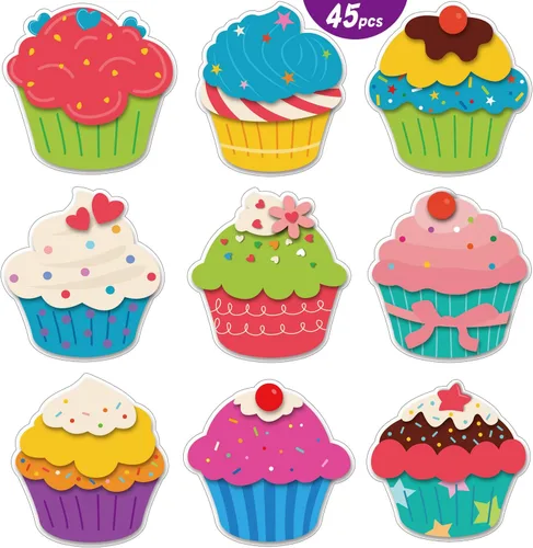 45 recortes coloridos para cupcakes, decoración versátil para el aula, recortes creativos para cupcakes con puntos de pegamento para tablón de
