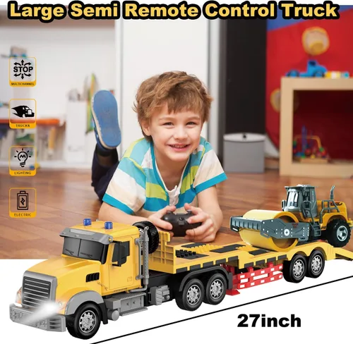 Miniatura 2 de Semirremolque de control remoto con remolque, tractor de ingeniería de semirremolque RC de 24 pulgadas con juguetes de rodillos de carretera, camión
