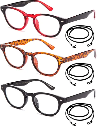Paquete de 3 pares de lentes de lectura 1.00 para mujer, colores de moda, clásicos, redondos, ovalados, marco con cordón, dos tonos de color,