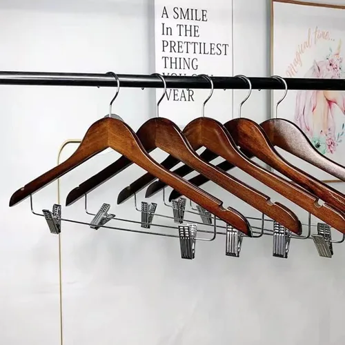 Miniatura 5 de Paquete de 10 perchas de madera con clips, perchas de madera de alta calidad para trajes, perchas para faldas con clips, colgador de madera S con 10