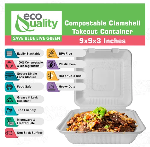 Miniatura 2 de Contenedor de comida cuadrado compostable con bisagras para llevar, 9 x 9 x 3 pulgadas, contenedores desechables de calidad resistente, con un solo