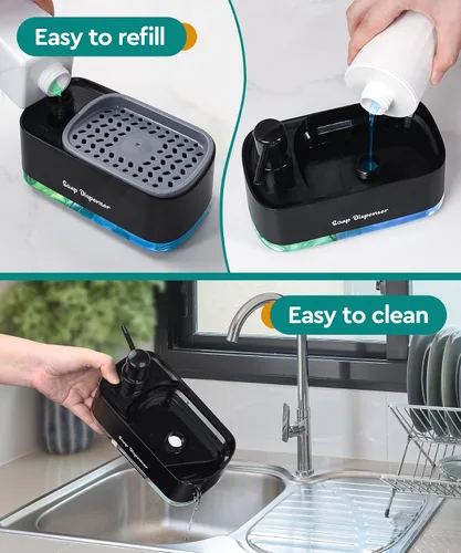 Miniatura 4 de Juego de dispensador de jabón para platos de cocina, dispensador de jabón para platos y manos con soporte para esponja, esponja de encimera 3 en 1