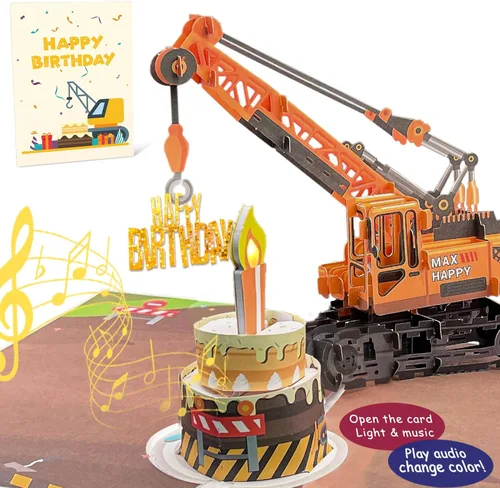 Miniatura 8 de Tarjeta de felicitación 3D de 4º cumpleaños con luz y música, tarjeta de camión grúa para niño, sobrino, nieto, hijo, niño pequeño, con sobre, 4th