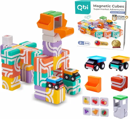 Miniatura 13 de QBI - Juego de bloques magnéticos de inicio 4 en 1 Bloques de construcción STEM con 4 autos y baldosas de pista 3D Juguetes magnéticos