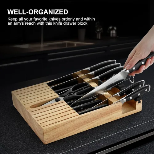 Miniatura 4 de Juego de cuchillos con bloque, N NOBLE FAMILY, juego de 16 cuchillos de cocina, organizador de cajones con afilador, tabla de cortar, juego de Negro