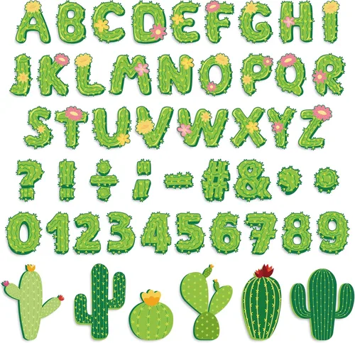 Whaline 110 piezas de cactus para decoración de aula, letras del alfabeto de cactus, números del alfabeto, símbolos de recortes de letras de cactus