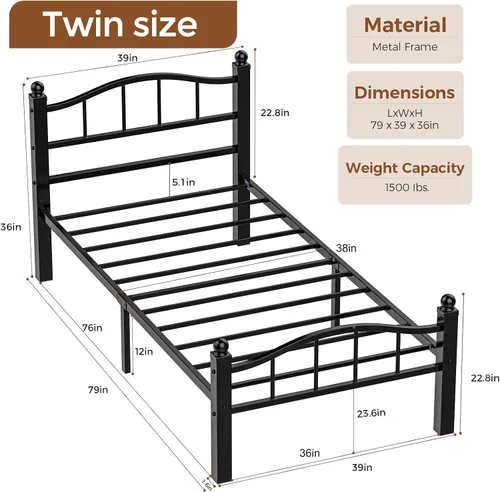 Miniatura 2 de Marcos de cama individuales de metal, diseño sin ruido y almacenamiento debajo de la cama, marcos de cama resistentes con cabecero, no necesita