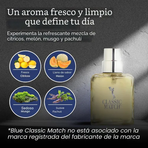 Miniatura 4 de PB ParfumsBelcam Blue Classic Match Eau de Toilette en espray para hombre, fragancia moderna de cítricos Fougere, notas de melón, musgo y pachulí
