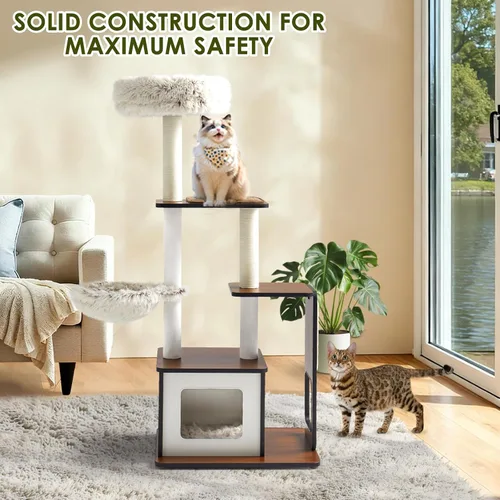 Miniatura 3 de Árbol y torre modernos para gatos de 54 pulgadas para gatos grandes, árbol de madera de varios niveles con postes rascadores, hamaca, percha