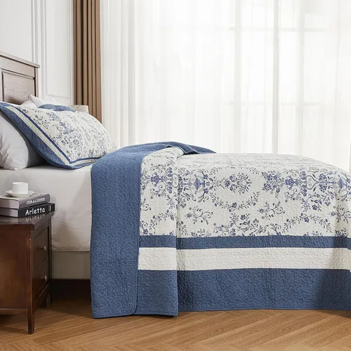 Miniatura 4 de PANGUSHAN Colcha de gran tamaño de 102 x 120 pulgadas, 100% algodón, reversible, medallón floral, granja, XL, juego de ropa de cama de gran