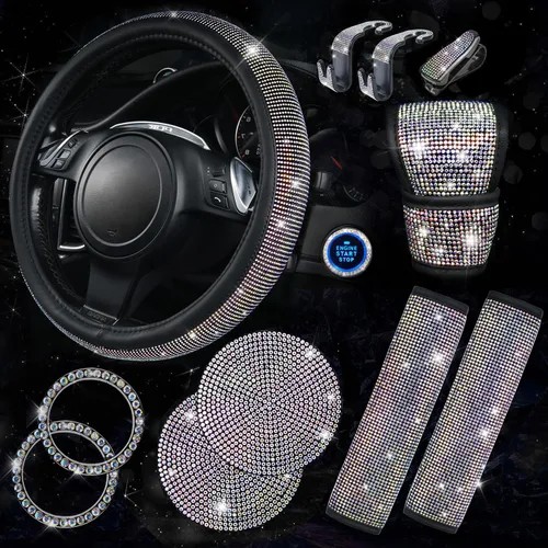 Miniatura 15 de CAR PASS Juego de fundas de asiento de coche con diamantes brillantes de 11 piezas, accesorios de coche con diamantes brillantes para mujer, funda