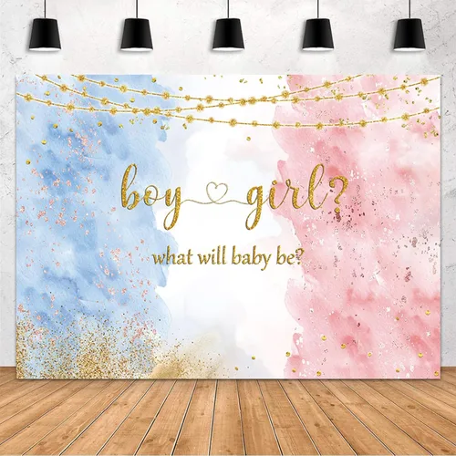 MEHOFOND Fondo de revelación de género azul y rosa de 5 x 3 pies, decoración de fiesta de niño o niña, fondo de fotografía, acuarela, oro rosa y