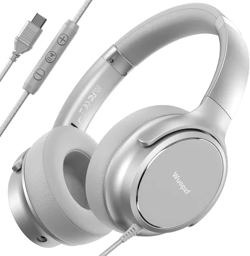 Miniatura 13 de Auriculares con cable USB C sobre la oreja con micrófono, control de volumen, puerto compartido y diadema ajustable, auriculares estéreo plegables
