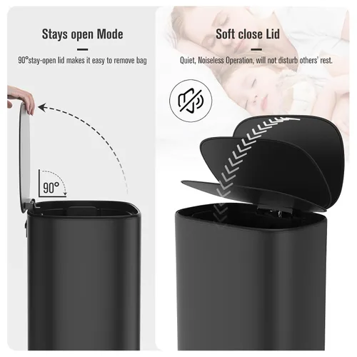 Miniatura 3 de Bote de basura negro de 13 galones con pedal de metal de acero inoxidable para cocina con tapa, cierre suave y silencioso, bote de basura grande
