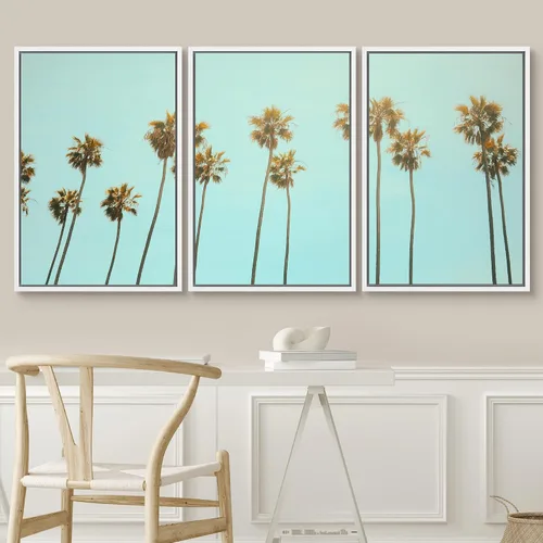 Miniatura 3 de SIGNWIN Lienzo enmarcado para pared, vista aérea de palmeras tropicales en un cielo azul, fotografía del océano costero, arte moderno, panorámico