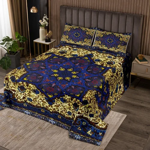 Miniatura 18 de Erosebridal Colcha King, Colcha Exótica Bohemia, Cobertor de Encaje Bohemio Tribal Floral Rojo Amarillo Azul Degradado Retro, Acolchado Egipcio