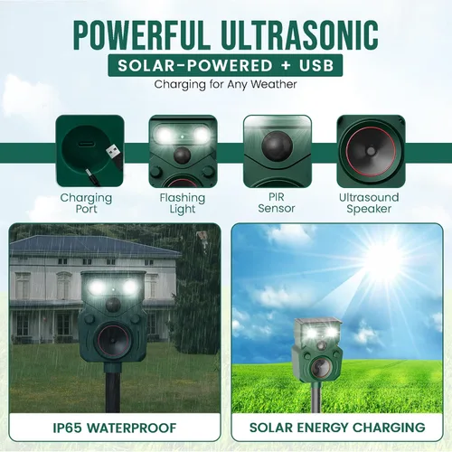 Miniatura 6 de Repelente solar ultrasónico de animales para patio IP65, repelente de animales, sensor de movimiento ultrasónico para exteriores, sensor