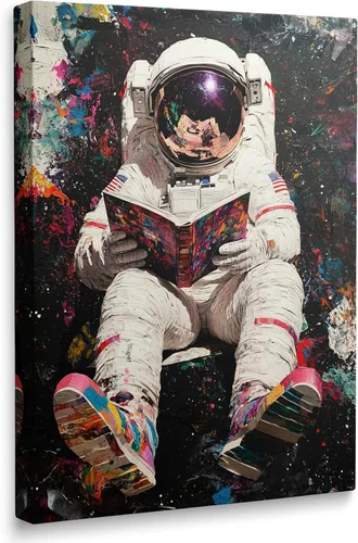 Pintura contemporánea de pared con temática de astronautas y espacio exterior en pop art, decorada con grafiti enmarcado, ideal para el aula,