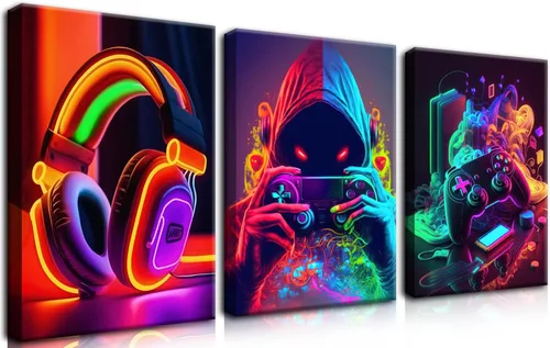 Eysintum 3 piezas de arte de pared de sala de juegos con marco Decoración de juegos con pósteres de juegos coloridos con auriculares, controlador y