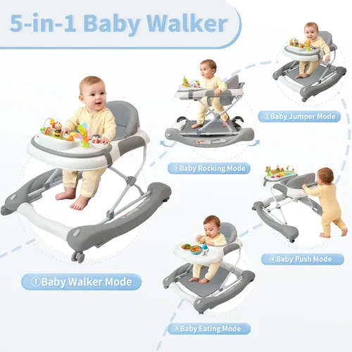 Miniatura 2 de Andador de bebé 5 en 1, caminador de música y luces para bebés niños y niñas de 6 a 12 meses, andadores plegables con ruedas y gorila combo Gris