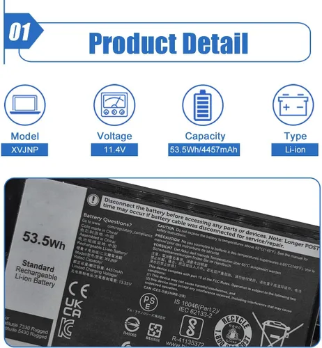 Miniatura 2 de Reemplazo de batería para portátil XVJNP de 53.5 Wh para Dell Latitude 5430 Rugged Latitude 7330 Serie robusta 6JRCP 06JRCP M0TN3 0M0TN3 KD1CT