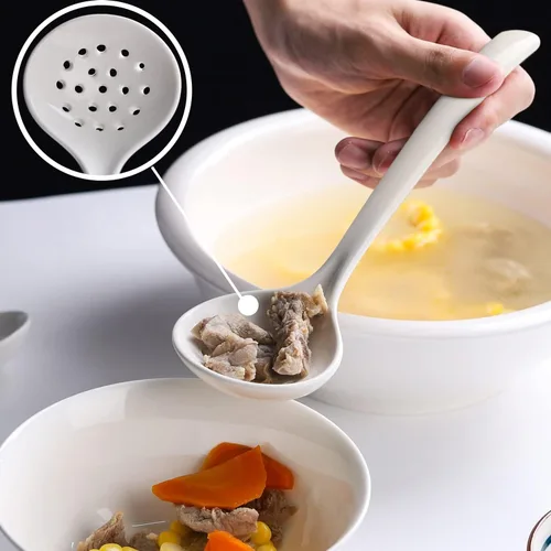 Miniatura 6 de Juego de 2 cucharones de cerámica con cucharón grande para sopa con espumadera, cucharones ranurados, cucharones de cocina, cucharas coladoras