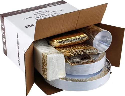 Miniatura 8 de Vajilla de plástico dorado de 210 unidades, platos desechables dorados, incluye: 30 platos de cena y 30 platos de postre, 30 tazas, 30 servilletas