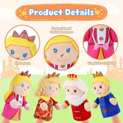 Miniatura 5 de 6 piezas de marionetas de mano de castillo de cuentos de hadas, reina y rey, princesa y príncipe, elfo y bruja, juguetes de peluche para niños