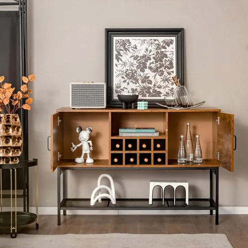 Miniatura 2 de LOKO Gabinete de buffet industrial con almacenamiento, gabinete de vino de cocina para el hogar con estante para 8 botellas y estante de malla