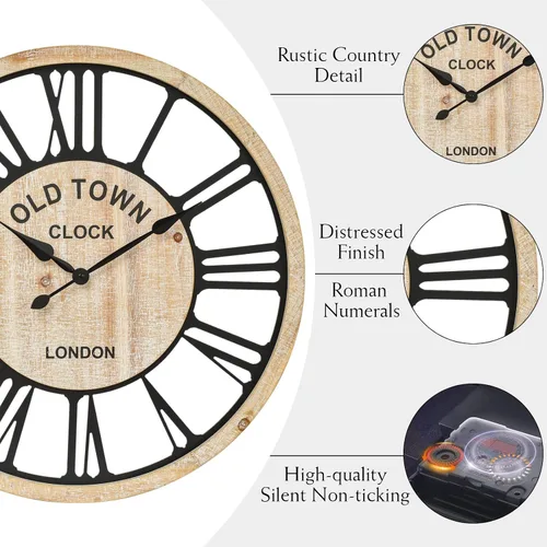 Miniatura 7 de EMAX HOME Reloj de pared grande – Reloj de pared decorativo de estilo rústico estilo granja, diseño de números romanos rústicos, reloj de pared