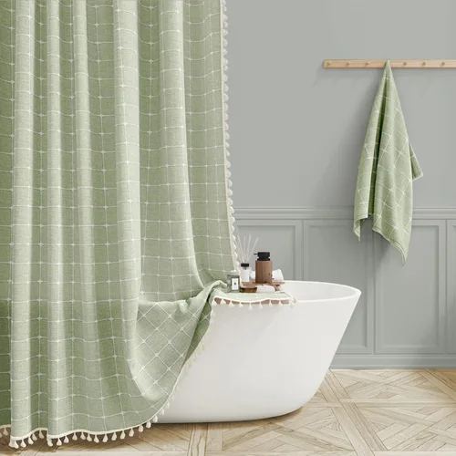 Miniatura 31 de BTTN Juego de cortinas de ducha estilo bohemio de granja con borlas, tela rústica de lino resistente, repelente al agua, cortinas de ducha gruesas A
