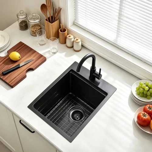 Miniatura 4 de Fregadero de Barra Negro de Montaje Inferior, Fregadero de Cocina de Acero Inoxidable de 15x20 Pulgadas, Estación de Trabajo de Montaje Superior