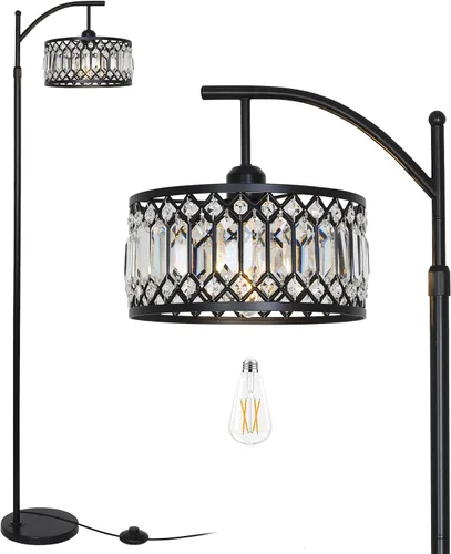 Crystal Floor Lamps for Living Room, Modern Arc Floor Lamp, Black Standing Lamp with Edison Bulb, Height Adjustable Tall Lamp for Bedroom, Corner