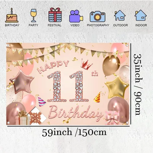 Miniatura 2 de Cartel de tela para decoración de cumpleaños número 11 para niñas de 11 años, cartel de tela para fiesta de cumpleaños de niña, fondo de foto rosa