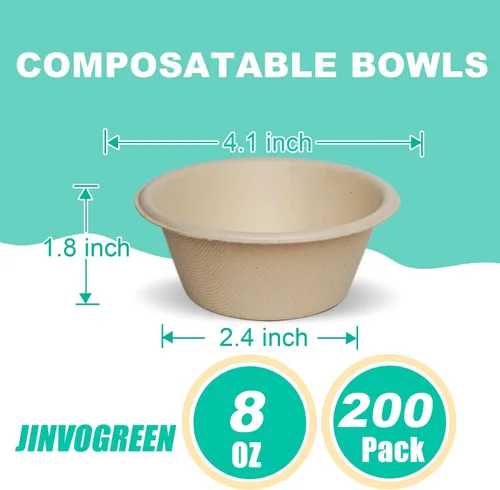 Miniatura 3 de JINVOGREEN 200 Unidades cuencos de papel de 8 onzas, pequeños cuencos desechables compostables, cuenco de bagazo de caña de azúcar biodegradable