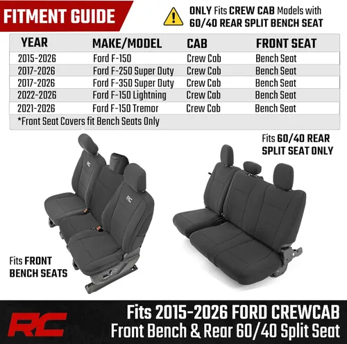 Miniatura 4 de Rough Country Fundas de asiento delantero y trasero de neopreno para Ford F-150, Lightning, F-250 y F-350 (2015-2026) Crew Cab con asiento delantero