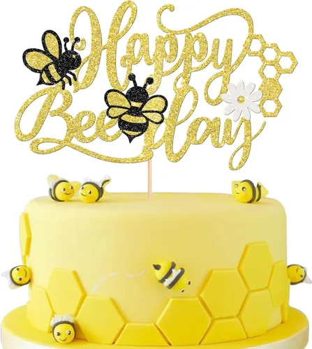 Miniatura 10 de ZHUOWEISM 1 decoración para pastel con diseño de abeja y flores con purpurina de panal de abejorros para pastel de cumpleaños, para temática