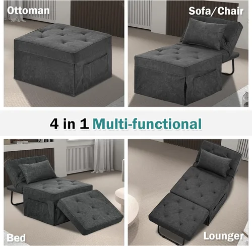 Miniatura 5 de Sofá Cama Convertible, Cama Otomana Plegable Multifunción 4 en 1 con Respaldo Ajustable, Moderna Silla Cama Extraíble para Sala de Estar, Gris