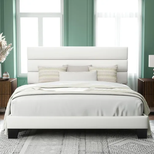 Miniatura 17 de Allewie - Base de cama de plataforma matrimonial con cabecera tapizada de tela y soporte de listones de madera, base de colchón totalmente tapizada