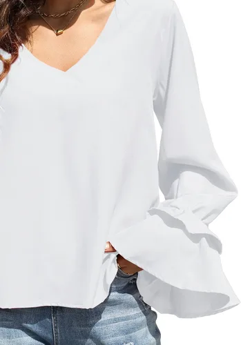 Miniatura 7 de LYANER Blusa casual de manga larga con cuello en V y volantes para mujer