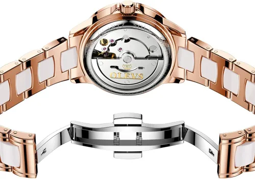 Miniatura 4 de OLEVS Relojes para mujer, de cuerda automática, oro rosa, diamante, reloj de pulsera mecánico automático, acero inoxidable, dos tonos, pulsera