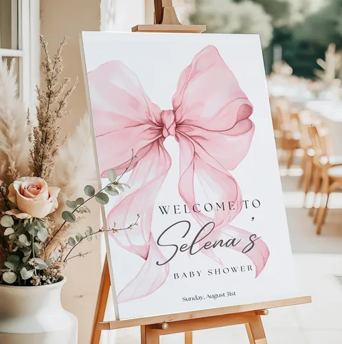 Miniatura 3 de Letrero de bienvenida personalizado para baby shower, letrero de bienvenida personalizado con lazo rosa para baby shower, póster de lazo rosa