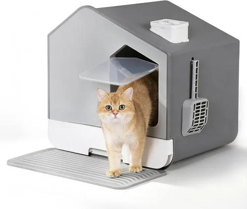 Caja de arena grande cerrada para gatos con alfombrilla y cuchara de arena cubierta para gatos, inodoro inodoro inodoro antisalpicaduras para